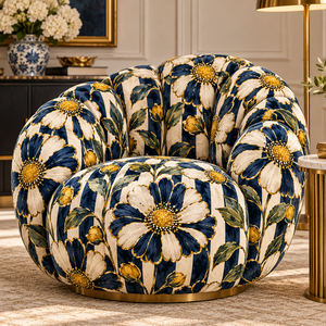 Tissu d'ameublement PRANIKA en velours floral bleu et blanc, respirant, léger, tissé, avec accents dorés, pour canapé et chaise - Product Image 2