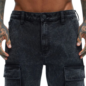 Pantalones Vaqueros Cargo Negros para Hombre, Corte Recto, Multibolsillos, Estilo Utilitario, Lavado Vintage, Casual, Streetwear, 100% Algodón, con Botones - Product Image 3