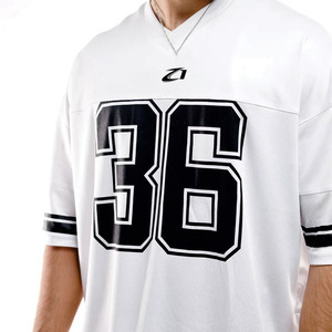 Vente en gros de maillots de football américain de qualité supérieure, blanc et noir, à manches courtes, rayés, t-shirts de sport respirants, taille plus, unisexe - Product Image 4