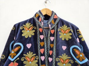 Breathable 100% Velvet Suzani Embroidered Floral Printed Jacket <b>Covered</b> <b>Button</b> Closure Full Sleeve for Women's Spring Autumn - Product Image 2