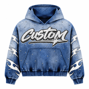 Sudadera con Capucha Personalizada de Felpa Francesa con Estampado de Diamantes de Imitación, Unisex, Corte Holgado, Estilo Urbano, con Bolsillo, Diseño de Llama Azul, Corte Regular - Product Image 1