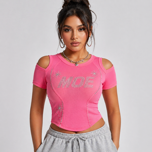 Wholesale <b>Rhinestone</b> Fashion Embellished Crop <b>Top</b> Women Y2K Sparkly Premium Boutique Clothing Cotton women's shirt Supplier OEM - Product Image 5