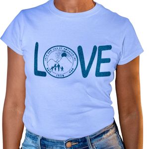 Women's Light Blue Short Sleeve Crew Neck <b>T</b> <b>Shirt</b> with Teal <b>LOVE</b> Lettering and Circular Emblem Graphic Casual Everyday Fashion - Product Image 1