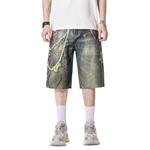 Shorts en jean déchiré pour homme, coupe droite, taille mi-haute, broderies, fermetures éclair, style streetwear, été, tissu en coton tissé, lavable - Product Image 1