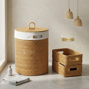 ตะกร้าผ้าหวายและชุดกล่องเก็บของ  ตะกร้าใส่ผ้าแบบยั่งยืนทำจากหวายธรรมชาติพร้อมซับใน - Product Image 1