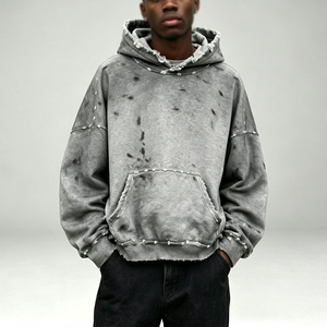 Custom <b>Grey</b> Vintage Acid Wash Raw Edge Distressed Cropped <b>Plain</b> Dyed Heavyweight French Terry Streetwear <b>Men's</b> Casual <b>Hoodies</b> - Product Image 1