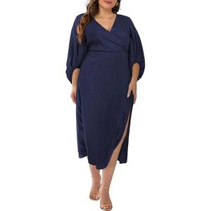 Robe longue de soirée élégante et stylée pour femme, grande taille, col en V, manches bouffantes, fente, robe de cocktail - Product Image 6