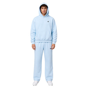 Conjuntos de sudaderas con capucha de corte holgado y pantalones de chándal de pierna ancha de algodón grueso liso para hombre, personalizados OEM, al por mayor - Product Image 1