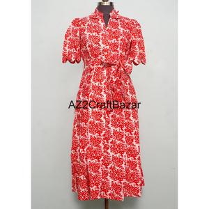 Robe midi pour femme en coton 100% tricoté, col en V, manches courtes, imprimé floral bohème, coupe trapèze, pour le bureau ou les occasions décontractées - Product Image 3