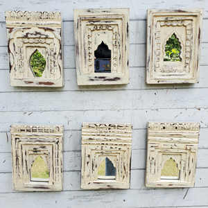 Juego de 6 espejos de decoración artesanales de madera con acabado desgastado blanco - Product Image 2