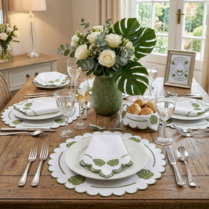 Custom Washable Reuse Handmade Luxury Embroidery Leaves <b>Placemats</b> Napkins Sets 100% Linen Green Scallop Border Mats Home Wedding - Product Image 2