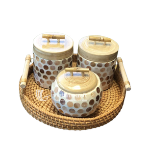 Tarro de Bambú con Incrustaciones de Madreperla, Recipiente Ecológico para Almacenamiento, Tapa de Bambú, Diseño Artesanal de Lujo, Estilo Bohemio, Utensilios de Cocina - Product Image 1