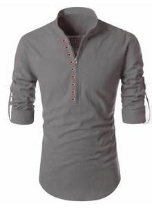 Chemise Henley grise pour homme à col montant, manches longues, en mélange coton-lin tissé, décontractée, à boutons sur le devant, pour l'été et le quotidien - Product Image 2
