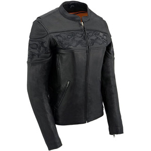 SAMROZ SPORTS Women's Crossover Black Leather Scooter Jacket w/Reflective Skull Graphic - Product Image 1