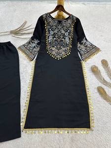 Costume Anarkali brodé noir pour femmes, coupe ample, en coton, vêtements décontractés, longueur cheville, style ethnique indien pakistanais - Product Image 5