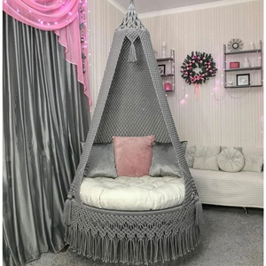 <b>Grey</b> & White Handmade Boho 72"x33" Cotton Macrame Hammock Hanging Swing Chair With Cushion And Pillows for Patio Balcony Bedroom - Product Image 1