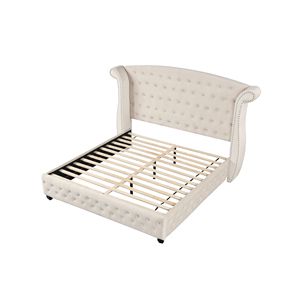 Letto Queen Size in Legno Crema con Cristalli e Trapuntature, Elegante Letto Imbottito - Product Image 4