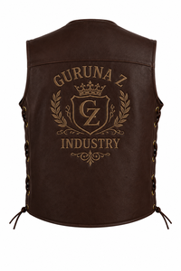Gilet sans manches en PU marron pour homme avec boutons dorés et lacets latéraux, coupe-vent 440g, toutes saisons, vêtements de moto - Product Image 4