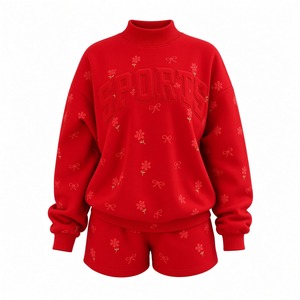 Ensemble sweat-shirt et short imprimé pour femmes, haut décontracté à manches longues et col montant, short assorti à taille élastique, tenue décontractée en deux pièces - Product Image 6