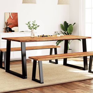 Grande table à manger durable en bois d'acacia naturel et acier noir, qualité supérieure et élégante - Product Image 1