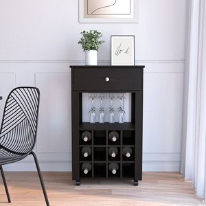 Carrello Bar Nero da 99 cm con 12 Portabottiglie, Ripiano Centrale e 1 Portabicchieri - Mobile Contenitore Portabottiglie per Cucina e Soggiorno - Product Image 1