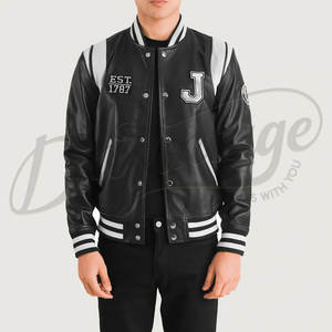เสื้อแจ็คเก็ตหนังแท้สีดำสำหรับผู้ชาย แบบ Varsity พร้อมแผ่นปะไหล่สีขาวและปลายแขนเสื้อแบบริบแถบลายทาง สไตล์ Letterman Bomber - Product Image 1