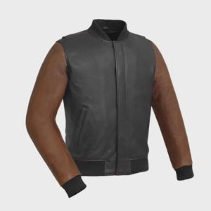 Custom Logo Men's Two Tone Faux <b>Leather</b> <b>Jacket</b> Ribbed Collar Casual Outerwear - Product Image 3