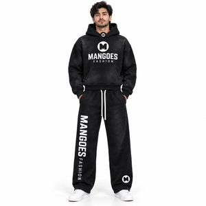 Ensemble de survêtement unisexe noir à capuche délavé style streetwear avec imprimé masque de hockey, manches longues décontractées, pantalon à taille élastique 100 % coton - Product Image 1