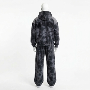 Ensemble survêtement streetwear homme noir et gris tie-dye avec sweat à capuche zippé et pantalon large, détail manches orné de strass, personnalisable OEM ODM - Product Image 4