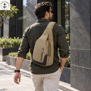 <b>Beige</b> Canvas Sling Chest <b>Bag</b> with Padded Shoulder Strap and Front Zipper | Layered <b>Crossbody</b> Travel <b>Bag</b> with Reinforced Base for - Product Image 3