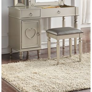 Set Toeletta da Camera da Letto Color Argento con Sgabello, Specchio Apribile, Spazio Contenitore, Cassetti e Maniglie ad Anello in Legno di Gomma - Product Image 6