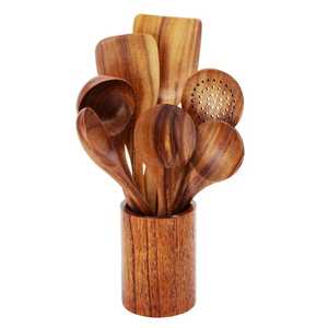 Ensemble d'ustensiles de cuisine en bambou moderne de 7 pièces, spatules et cuillères en bois écologiques avec support cylindrique décoratif - Product Image 5