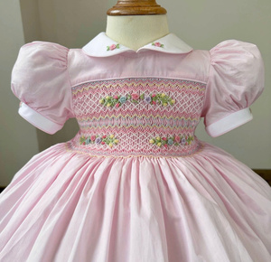 Hand Smock Light <b>pink</b> 100% Cotton Baby <b>Girls</b> <b>Dress</b> with Peter Pan Collar Cute Midi Length ODM Supply - Product Image 1