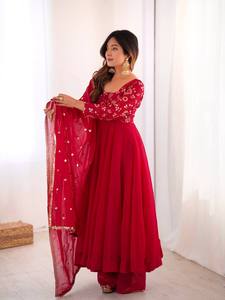 Women's <b>Red</b> Embroidered Gown& Bottom With Dupatta Floor-Length Traditional Wedding Dress Loose Fit Indian Pakistani Clothing - Product Image 3