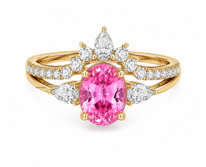 Bague de fiançailles de luxe ovale inspirée d'une couronne, sertie de pierres latérales en forme de poire et rondes, en or 10K, 14K, 18K et en argent 925, 935 - Product Image 1