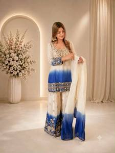 Conjunto de Traje Palazzo Étnico Premium Star Georgette para Mujer con Bordado de Espejo Real, Tela Elástica Antiarrugas, Encaje Elegante de Secado Rápido - Product Image 1