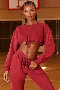 Conjunto de entrenamiento de gimnasio de 2 piezas personalizado para mujer al por mayor Sudadera corta con capucha de gran tamaño sudaderas Jogger transpirable estampado lavado invierno - Product Image 3