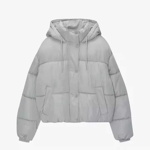 Chaqueta de Invierno Acolchada Gris Claro para Mujer, con Capucha, Manga Larga, Relleno Grueso de Poliéster, Corte Corto, Bolsillo Tipo Canguro - Product Image 1