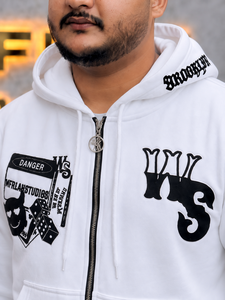 White <b>Zip</b> Up <b>Hoodie</b> Men Cotton Knitted Streetwear Hooded Sweatshirt With Print Design And Kangaroo <b>Pocket</b> Oversized Fit <b>Hoodie</b> - Product Image 5
