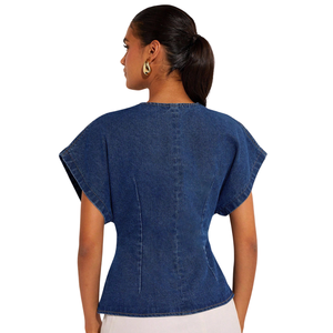 Women's Dark Blue Woven Denim Washed Button Wrap Style <b>Batwing</b> Sleeve V-Neck Casual Blouse Front Regular Fit Summer Office Wear - Product Image 2