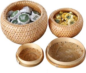 High Quality Vietnam Round Bamboo Woven <b>Basket</b> Tea Packing Boxes <b>White</b> Snack Serving Sundries <b>Storage</b> With Lid Decoration Home - Product Image 1
