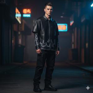 Chaqueta de Cuero PU Negra Personalizada para Hombre, Estilo Urbano, con Gráfico de Llama Bordado, Manga Corta, Transpirable, Tallas Grandes, Camisas Hip Hop - Product Image 1