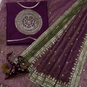 Sari Bollywood de créateur avec broderie de paillettes et chemisier en Banglori uni - Product Image 6