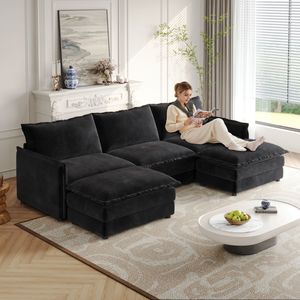 Divano a U in Tessuto Corduroy a 3 Posti, Seduta Profonda Oversize, 2 Poggiapiedi Mobili, Comodo Divano Cloud per Soggiorno - Product Image 1