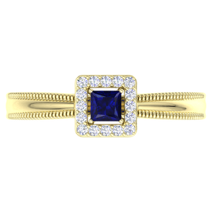 Bague de fiançailles et de mariage vintage en argent sterling 925 plaqué or avec saphir bleu taille princesse et halo de zircone cubique, style Milgrain, pour femme - Product Image 1