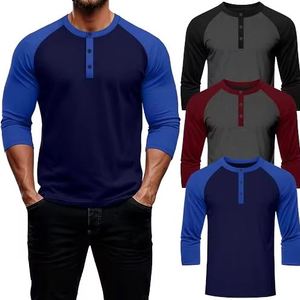 Camiseta Henley de Manga Raglán para Hombre, Bloques de Color en Contraste, Tejido Sólido, Corte Casual, Cuello Redondo, Manga Larga, 100% Algodón, Corte Regular - Product Image 3