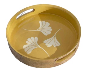 Diseño Floral Bandeja de madera y esmalte impreso Bandeja de forma redonda Bandeja de madera para servir Decoración para el hogar y el hotel Nuevo diseño en artesanía de dirección - Product Image 1