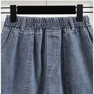 Shorts en jean taille haute pour femme, coupe ample, taille élastique, couleur unie, style décontracté avec poches, tissu délavé - Product Image 6