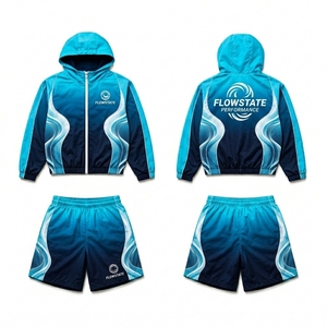 Wholesale Unisex Polyester/Nylon Lightweight Loose Fit Hooded Tracksuit <b>Zip</b> Jacket Elastic Waist <b>Shorts</b> Heat-Transfer Printing - Product Image 1
