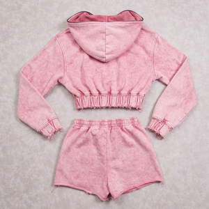 Women's Two Piece Custom Logo <b>Crop</b> Hoodie Short <b>Set</b> <b>Top</b> Selling Customized Women Acid Wash <b>Crop</b> <b>Top</b> Hoodie Short <b>Set</b> - Product Image 6